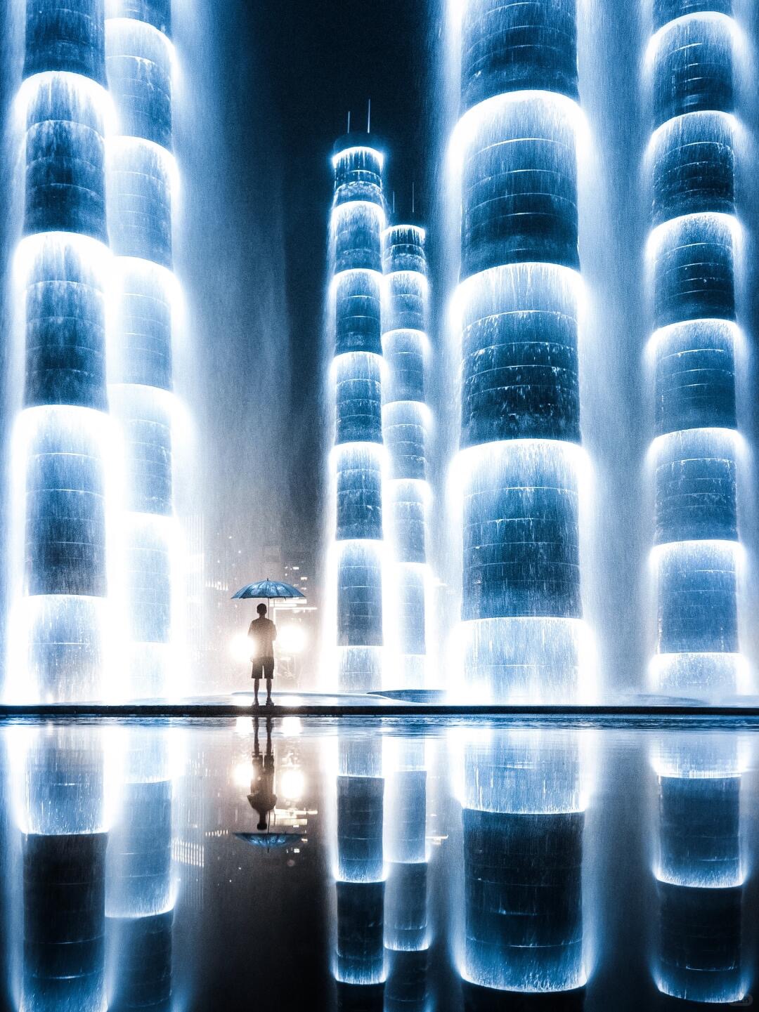 Night view of the Twin Towers and the Tower of Vitality